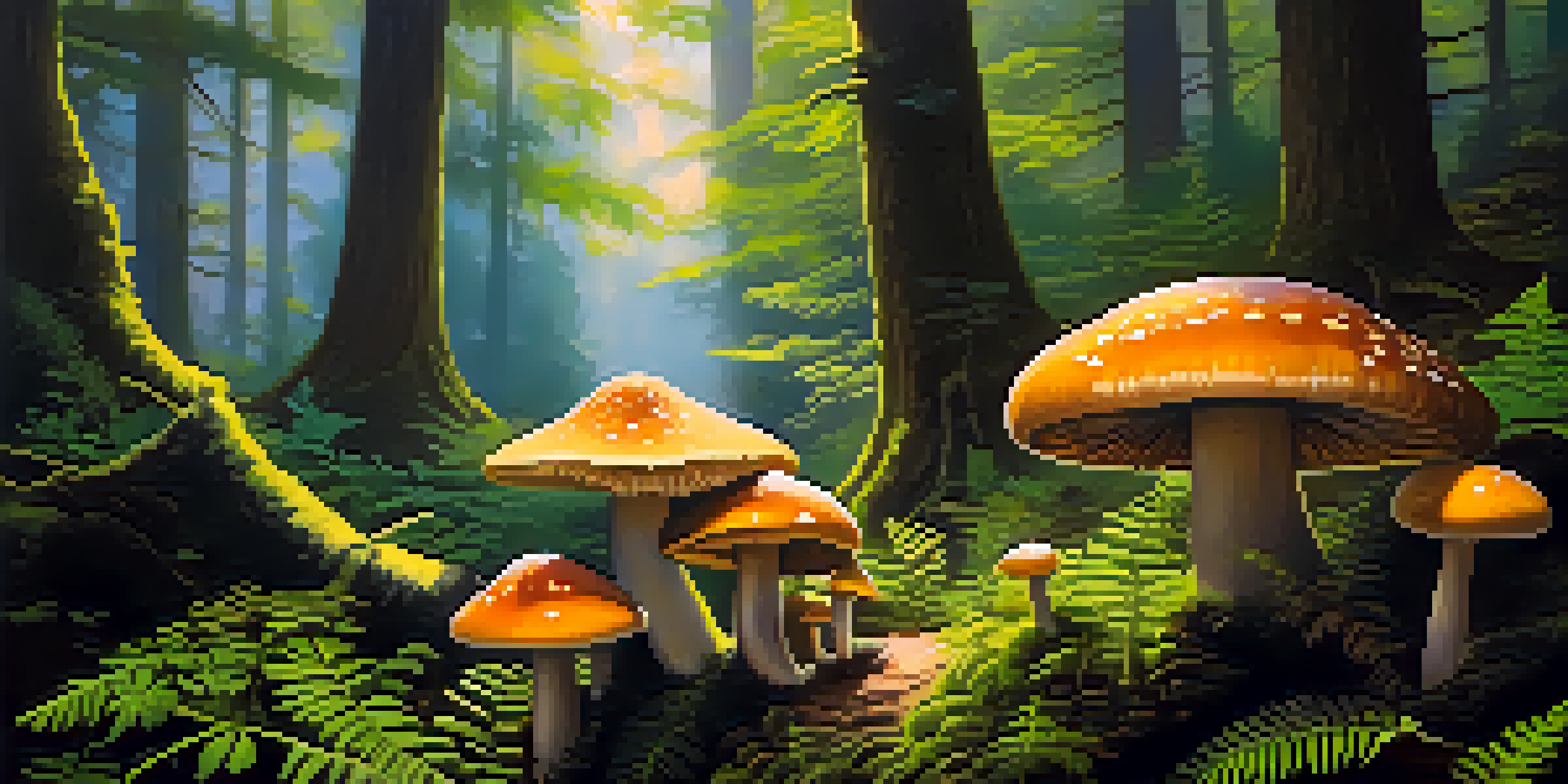 A tranquil forest scene with various colorful mushrooms growing among green plants and sunlight filtering through the trees.