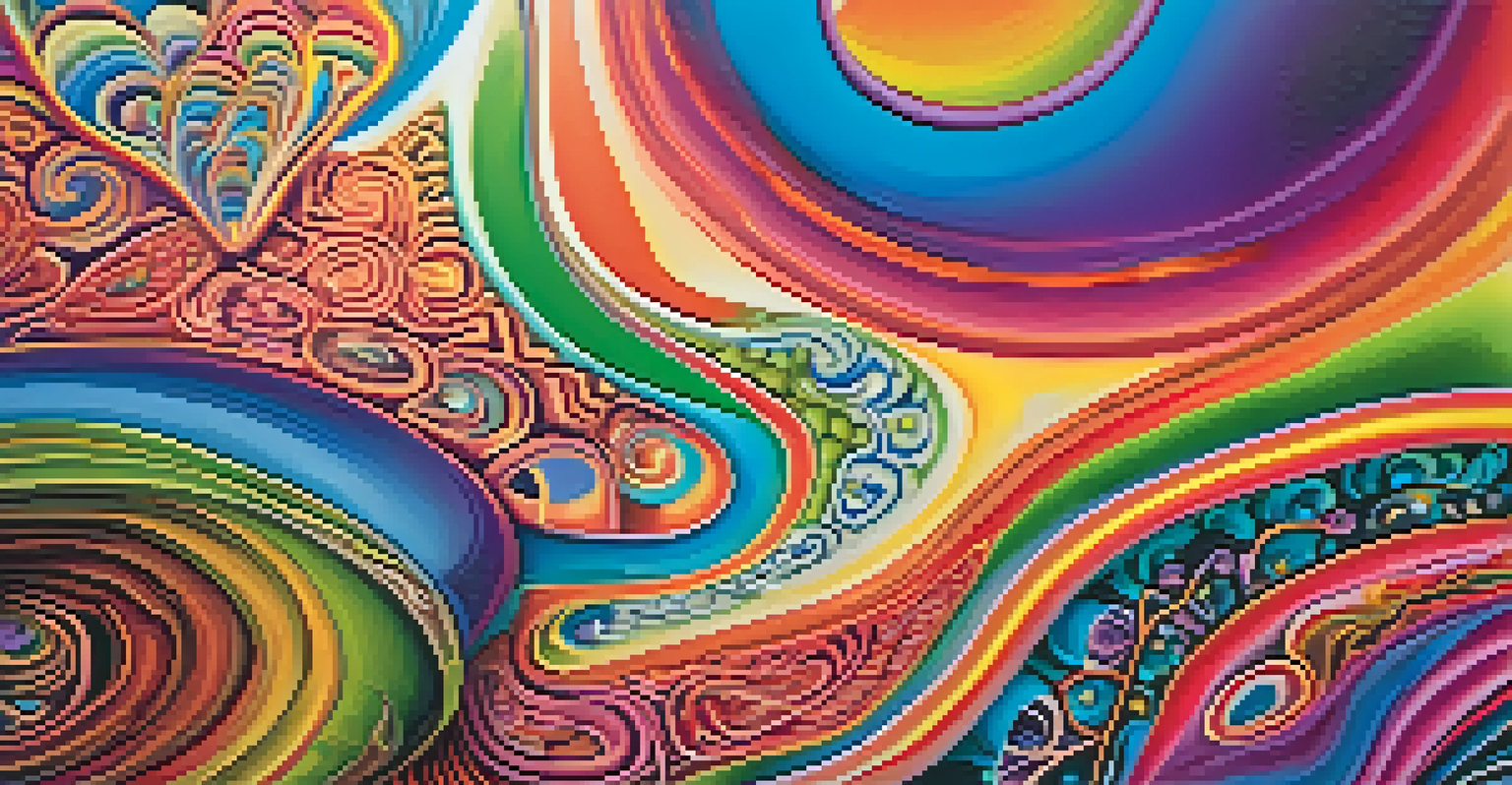 Close-up of a psychedelic artwork with intricate patterns and vivid colors.