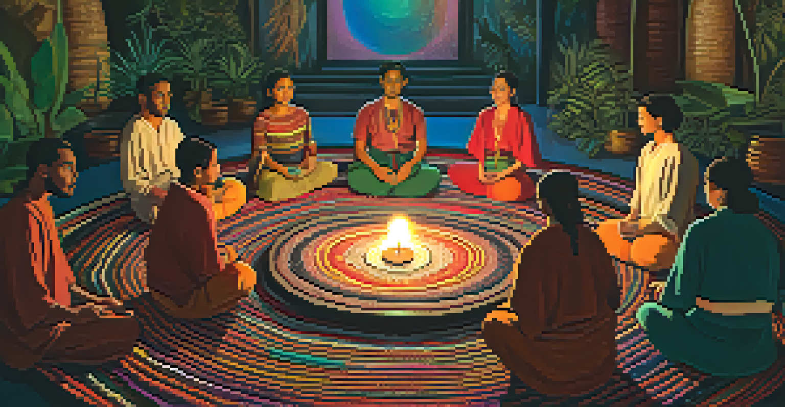 A cozy Ayahuasca ceremony with participants sitting in a circle, surrounded by candles and vibrant textiles, led by a smiling facilitator.