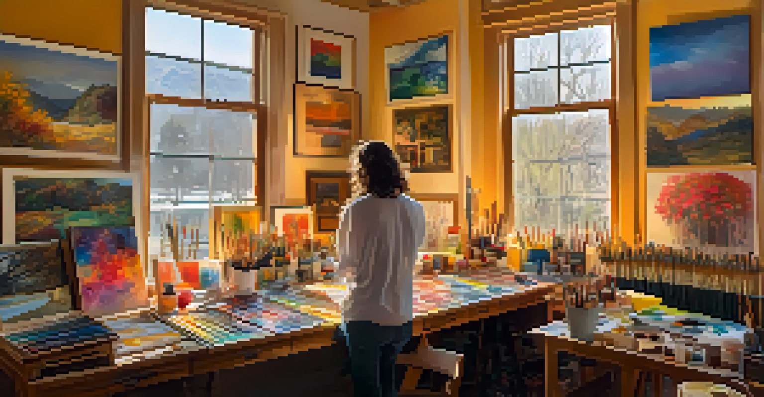 A bright artist's studio with an artist painting, surrounded by colorful canvases and art supplies.