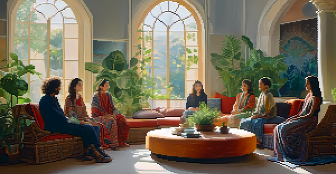 A group of people sitting in a circle on cushions in a warmly lit room, surrounded by colorful tapestries and plants, engaged in deep conversation.