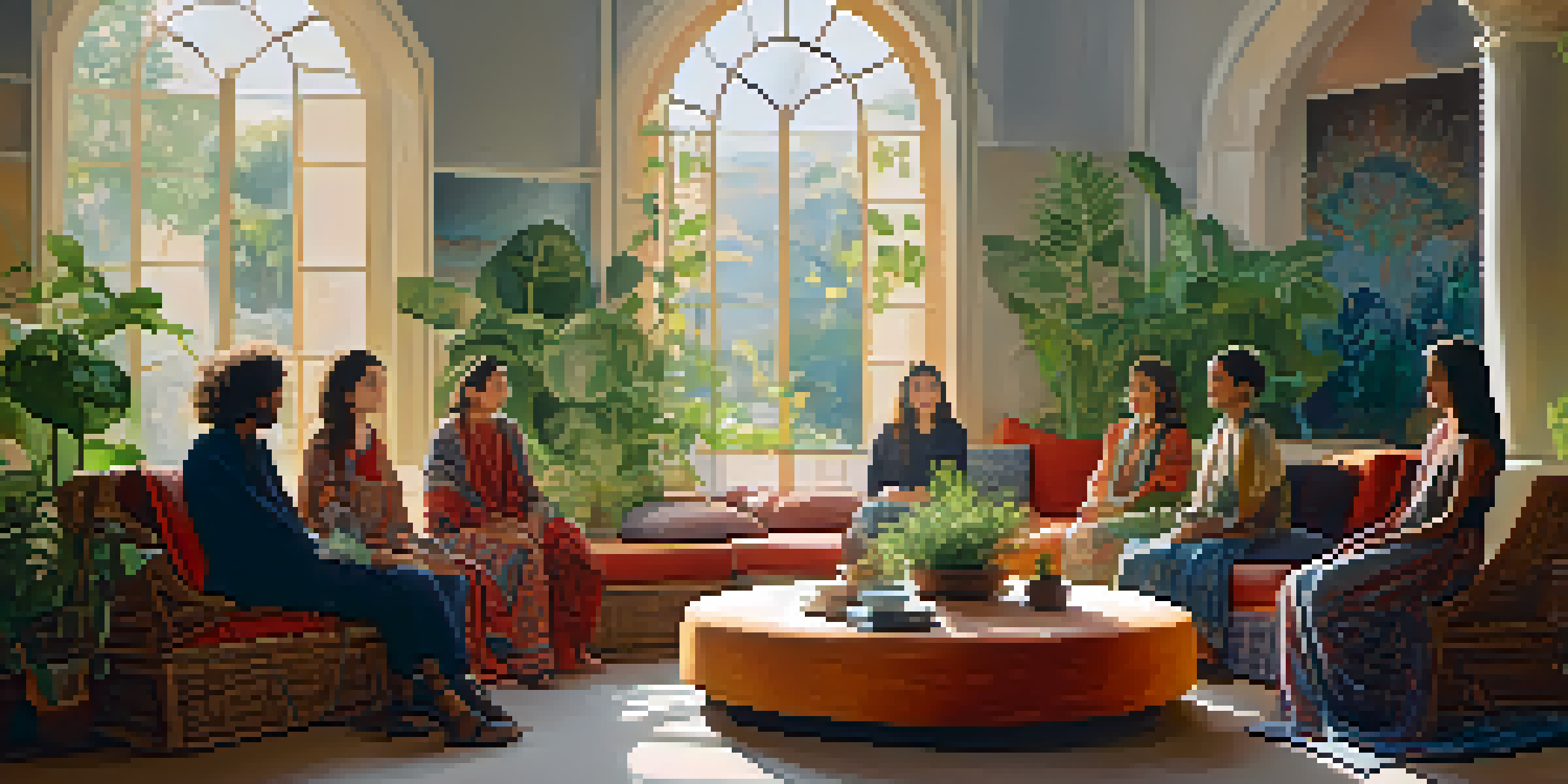 A group of people sitting in a circle on cushions in a warmly lit room, surrounded by colorful tapestries and plants, engaged in deep conversation.