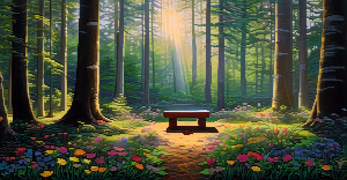 A peaceful forest scene at dawn with sunlight filtering through trees and a small wooden altar decorated with flowers and artifacts.