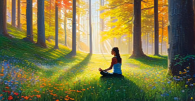 A person meditating in a peaceful forest during golden hour, surrounded by wildflowers and dappled sunlight.