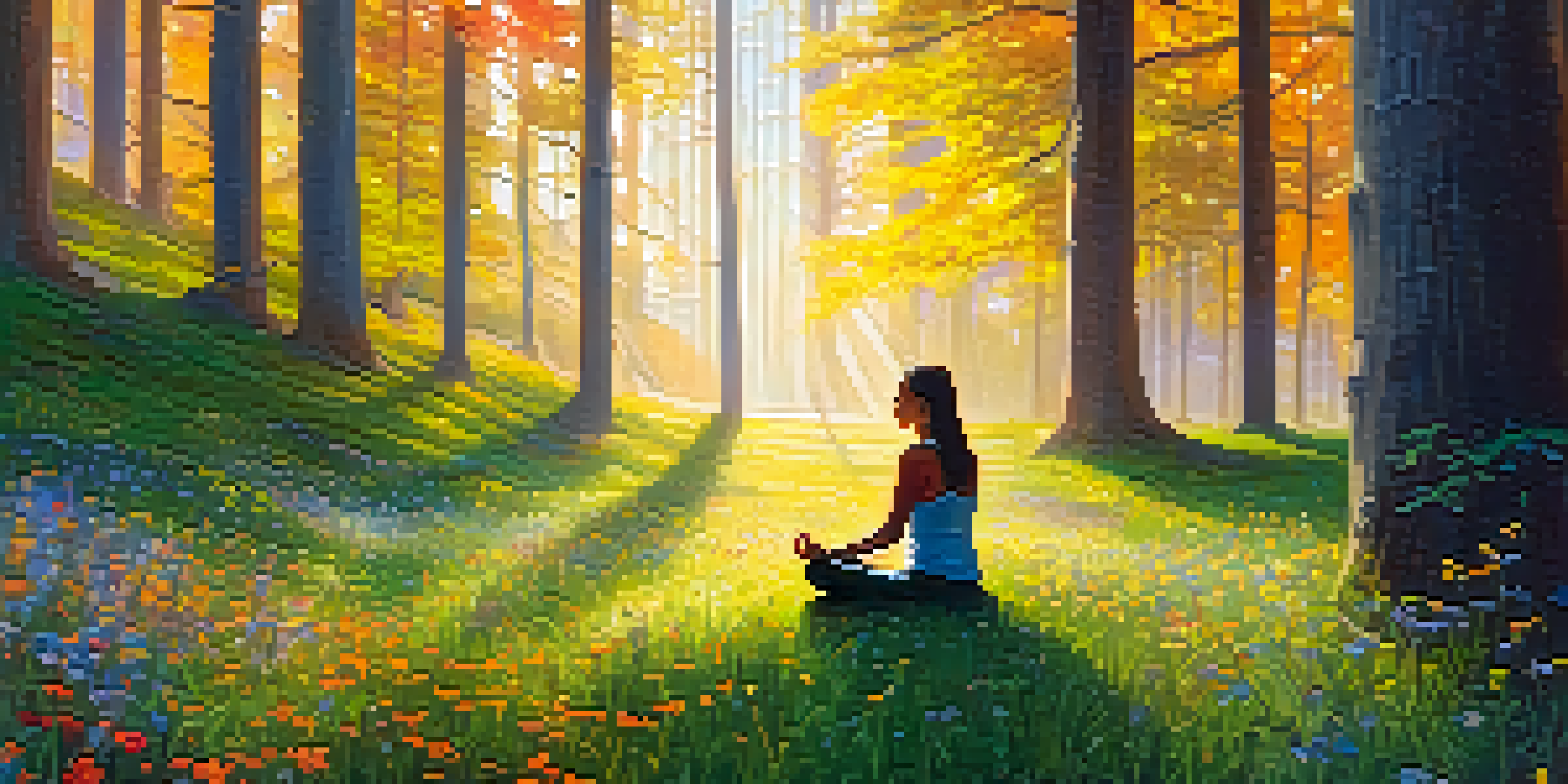 A person meditating in a peaceful forest during golden hour, surrounded by wildflowers and dappled sunlight.