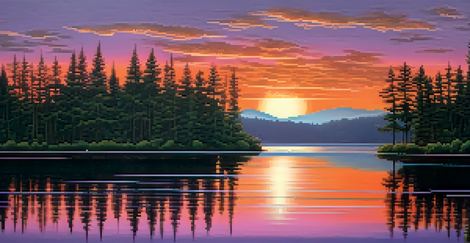 A tranquil lake at sunset, surrounded by forests, with vibrant colors reflected in the water.