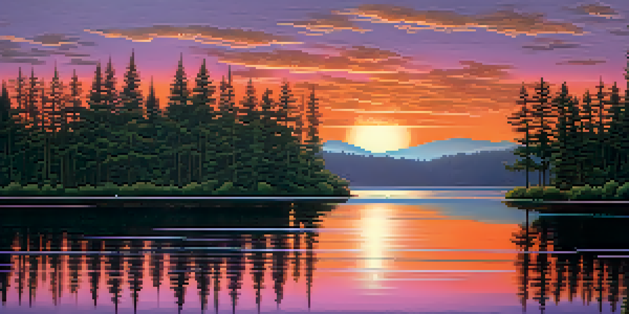 A tranquil lake at sunset, surrounded by forests, with vibrant colors reflected in the water.
