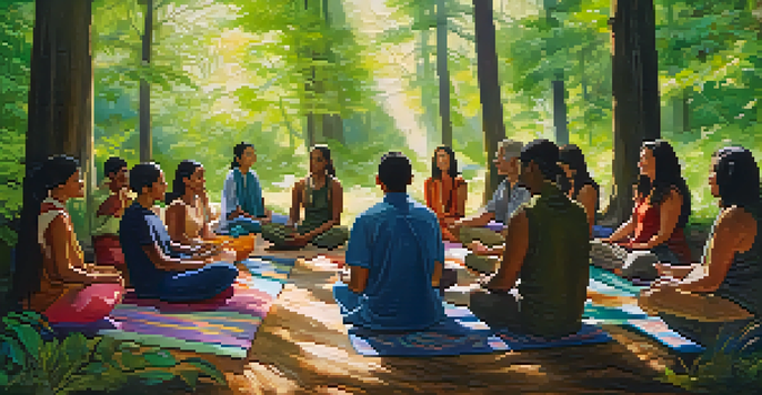 A diverse group of people sitting in a circle in a forest, meditating together in a peaceful setting.