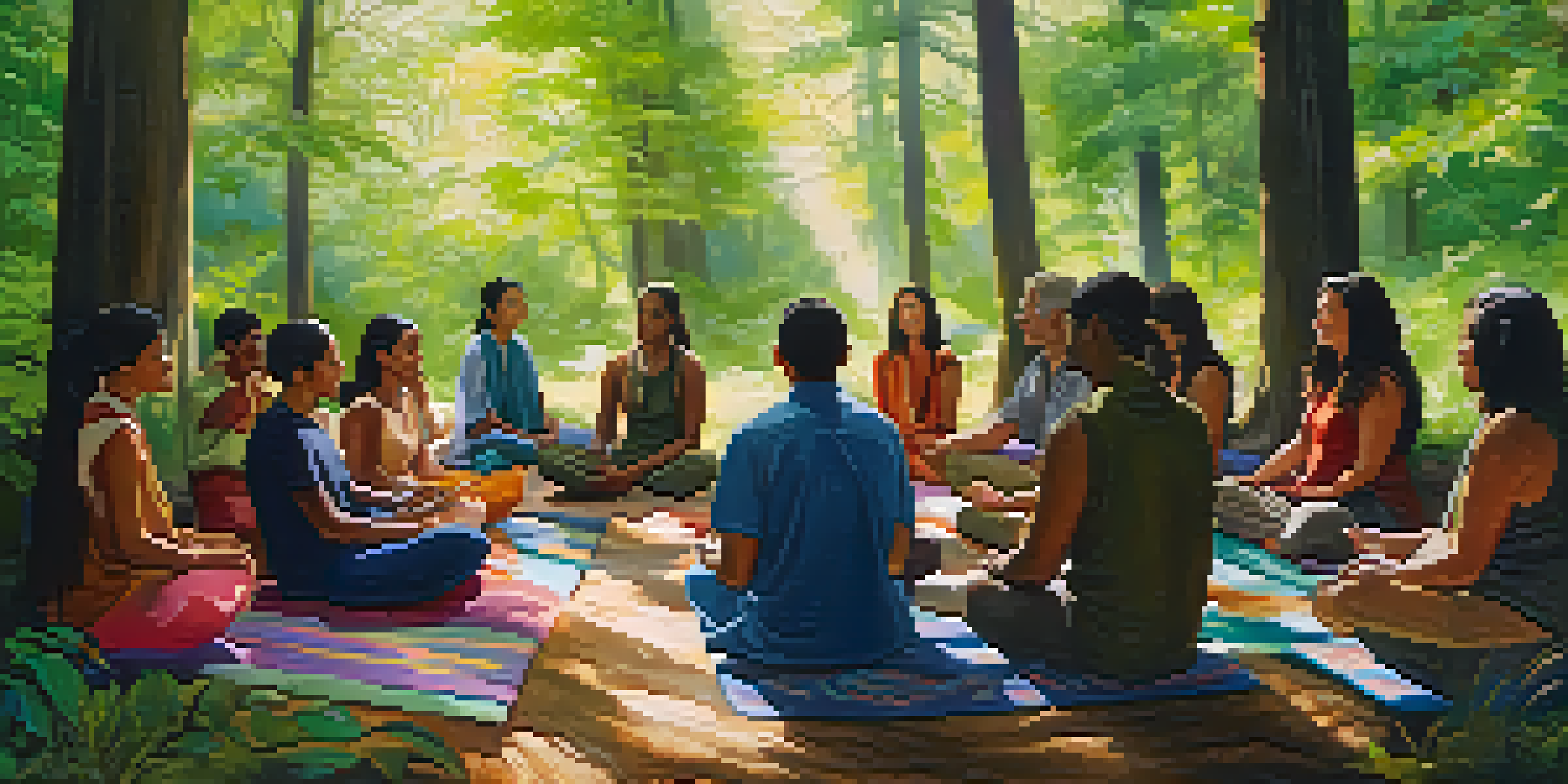 A diverse group of people sitting in a circle in a forest, meditating together in a peaceful setting.