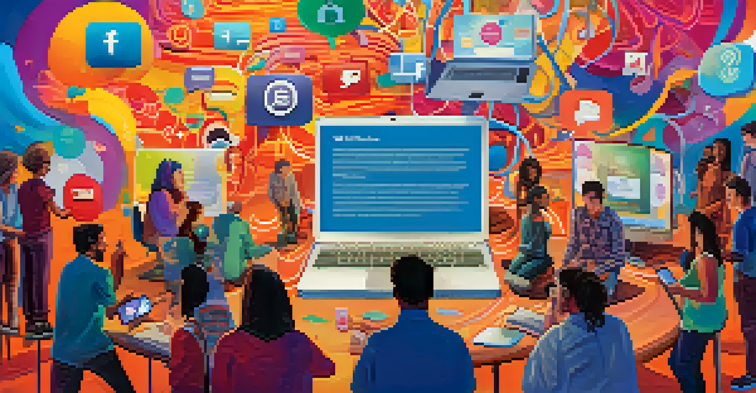 An abstract digital community space with social media icons and vibrant colors, depicting people connecting and sharing experiences online.