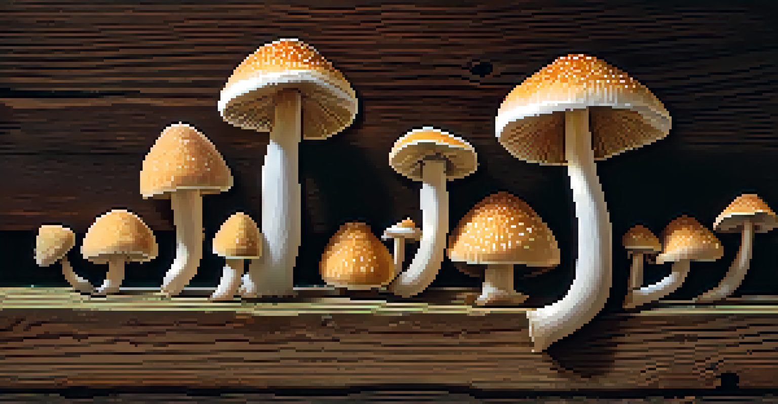 A detailed close-up of freshly harvested psilocybin mushrooms on a wooden table, illuminated by soft natural light.