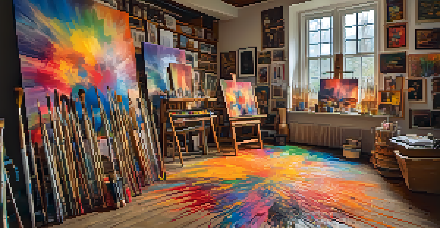 An artist's studio with paintbrushes, paint tubes, and an abstract psychedelic painting on canvas.