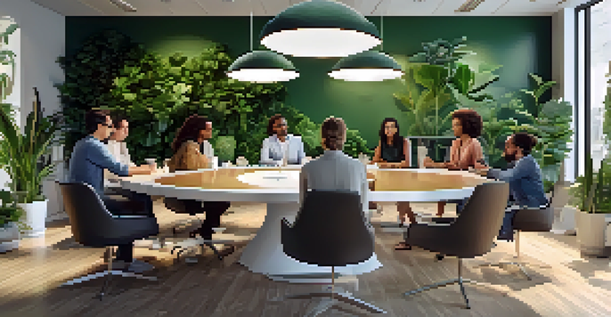 A bright and welcoming workspace with a round table where diverse professionals are brainstorming, surrounded by plants and colorful artwork.