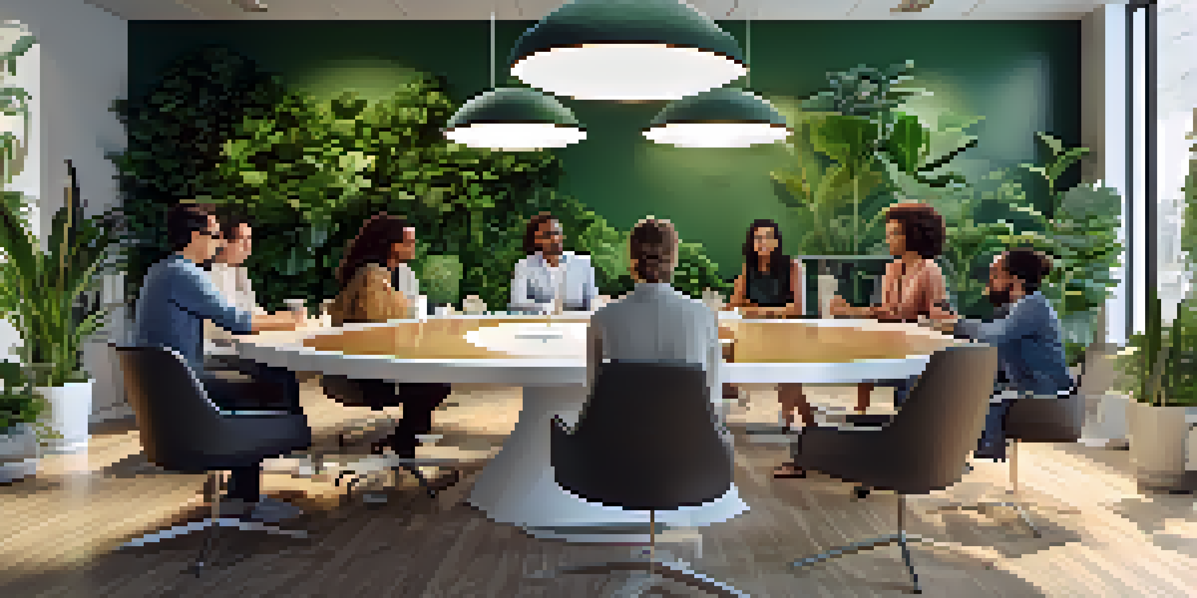 A bright and welcoming workspace with a round table where diverse professionals are brainstorming, surrounded by plants and colorful artwork.