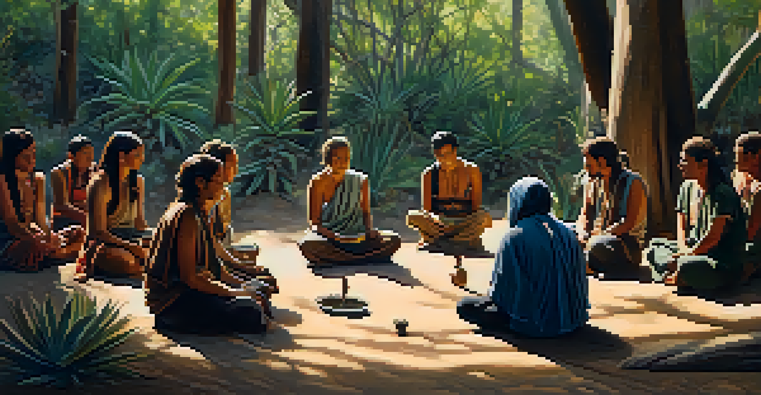 Participants engage in a San Pedro ceremony in a serene forest, sitting in a circle with bowls of cactus brew, surrounded by nature.