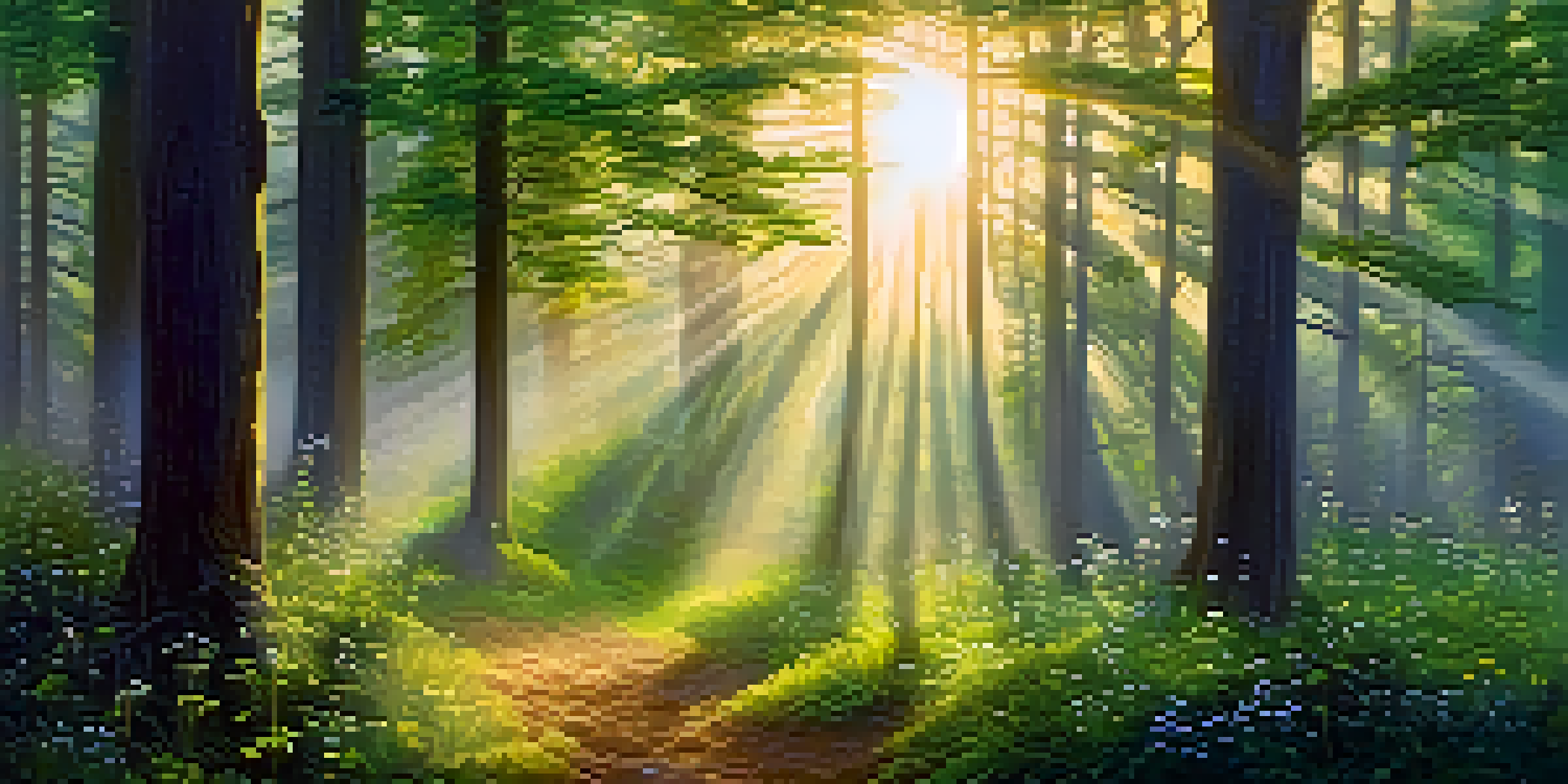 A tranquil forest with mist and sunlight filtering through trees, highlighting a circle of wildflowers in a clearing.