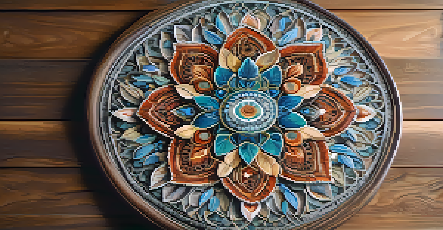 An intricate mandala made of leaves, flowers, and stones, illuminated by soft natural light on a wooden surface.