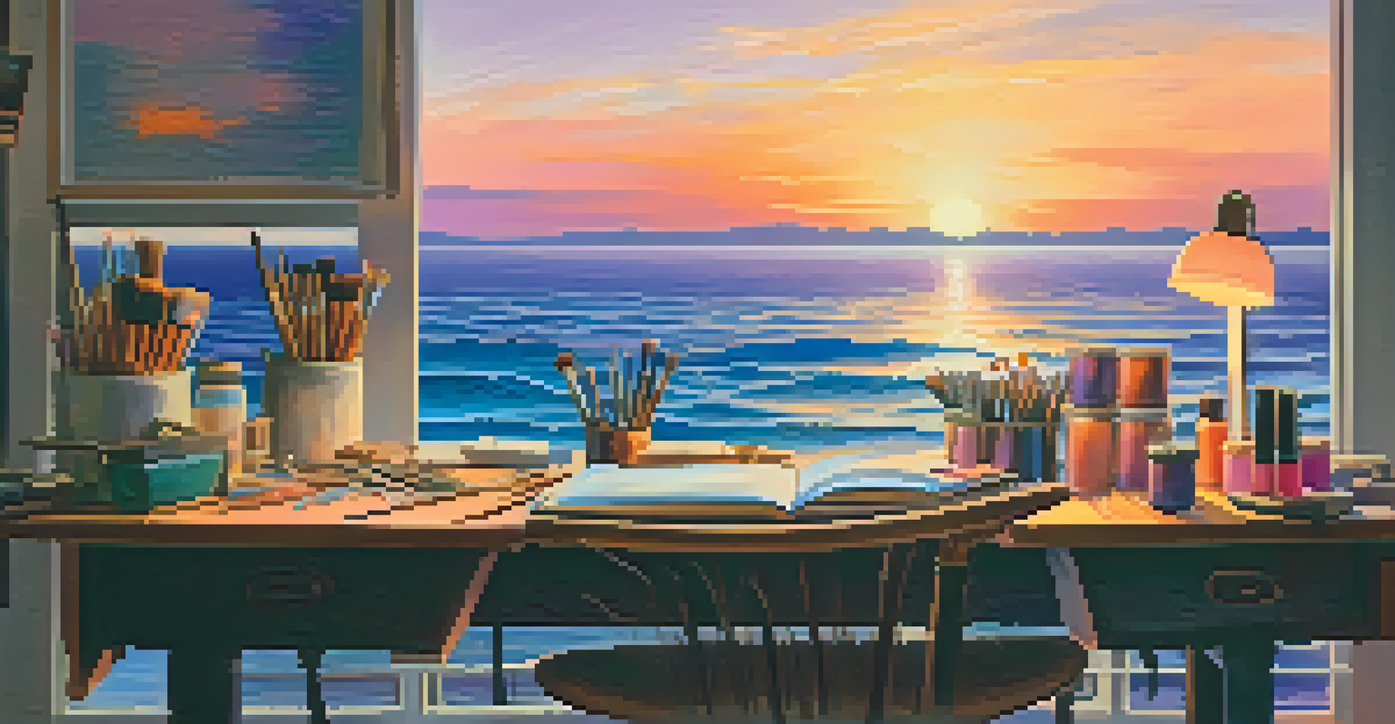 An artist's workspace with paints and brushes next to a colorful sunset painting over the ocean.