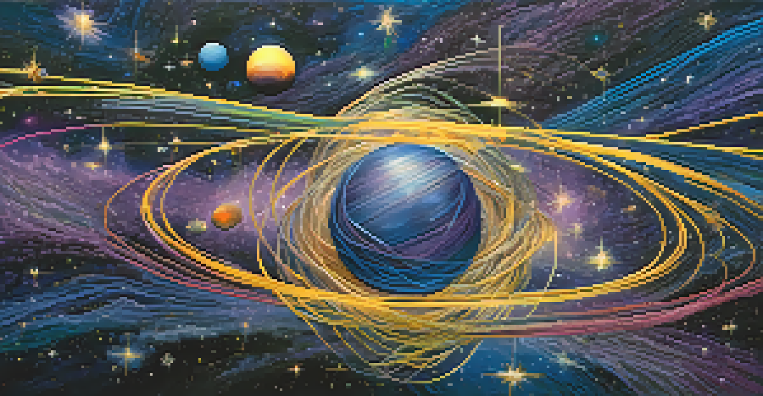 An abstract cosmic image showing colorful threads weaving through stars, symbolizing interconnectedness and unity.