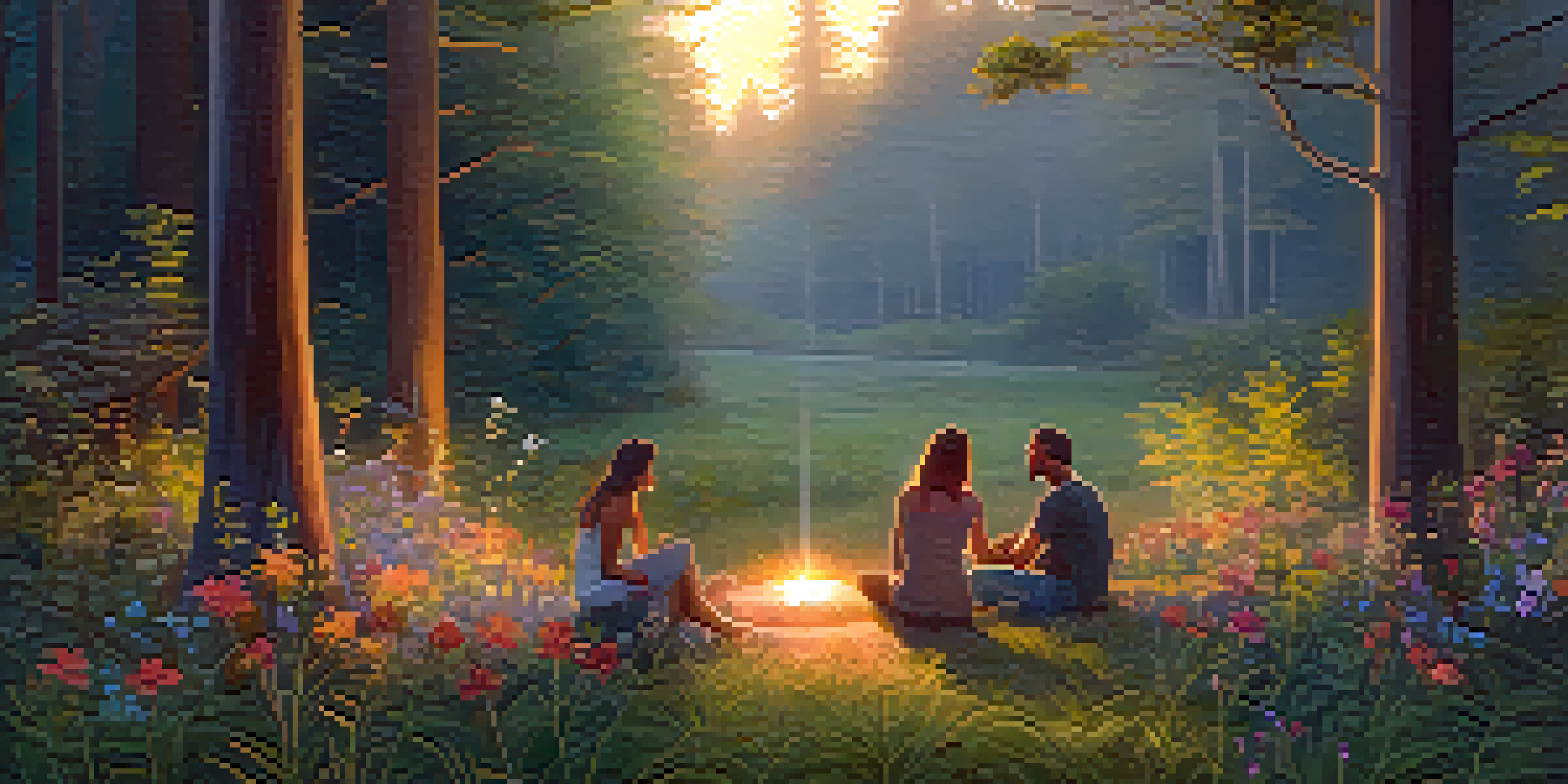 A group of people sitting in a forest at dusk, talking and surrounded by flowers and greenery.