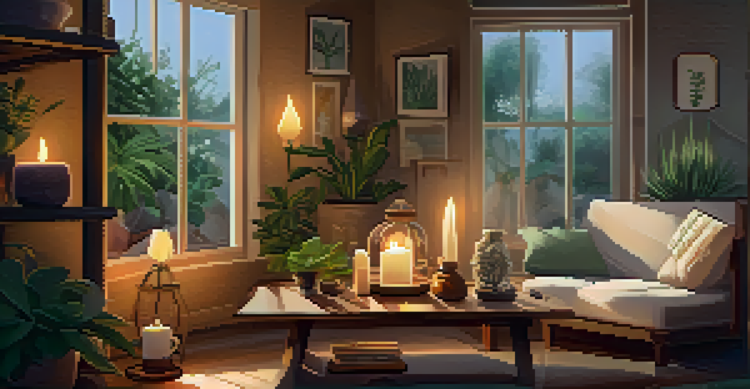A cozy indoor space with cushions, ambient lighting, and calming objects set up for a reflective journey.