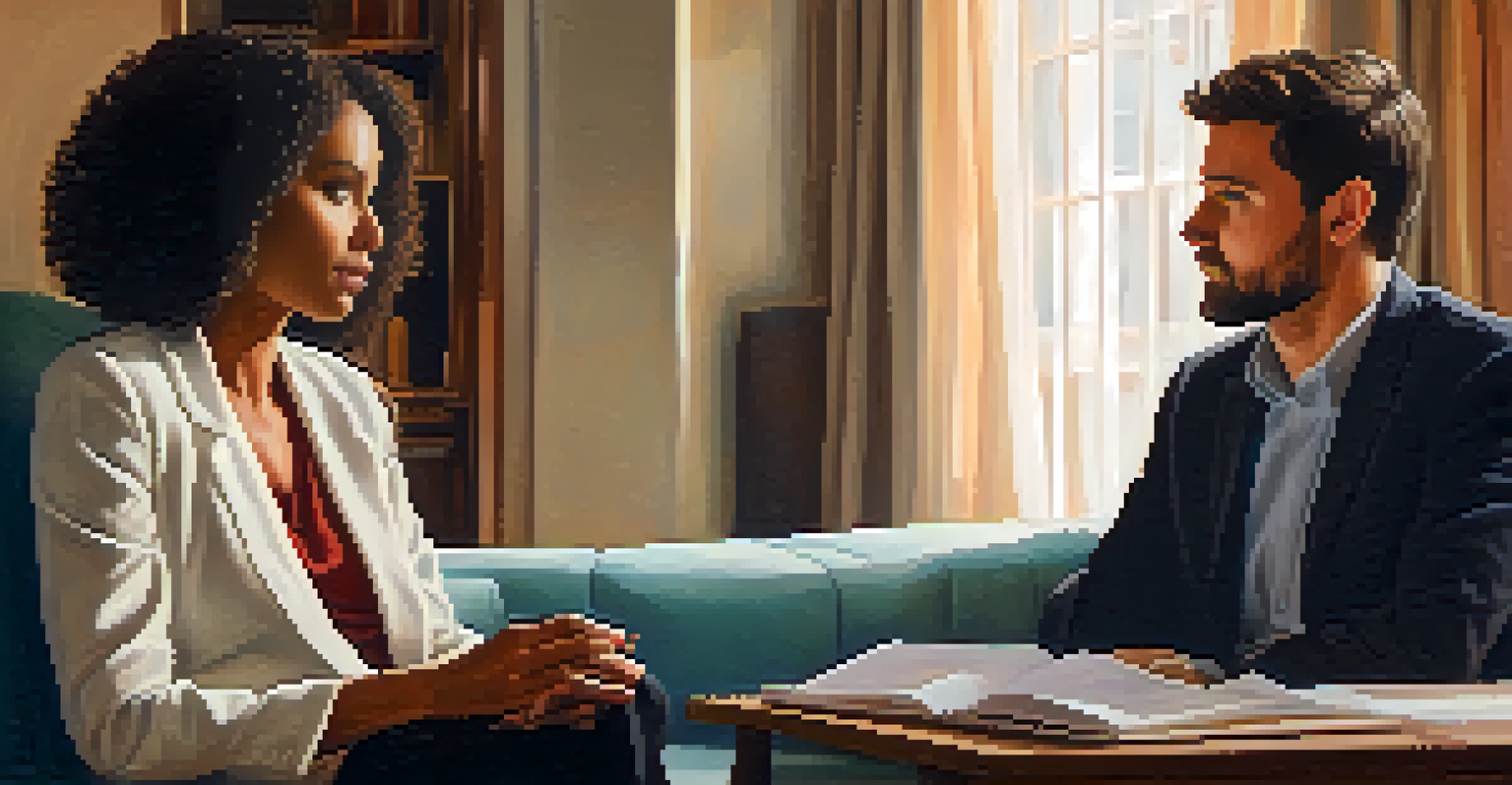 A therapist listening to a client, both showing emotional engagement in a cozy setting.