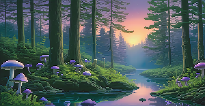 A tranquil forest with glowing mushrooms and a stream, under a starry twilight sky.