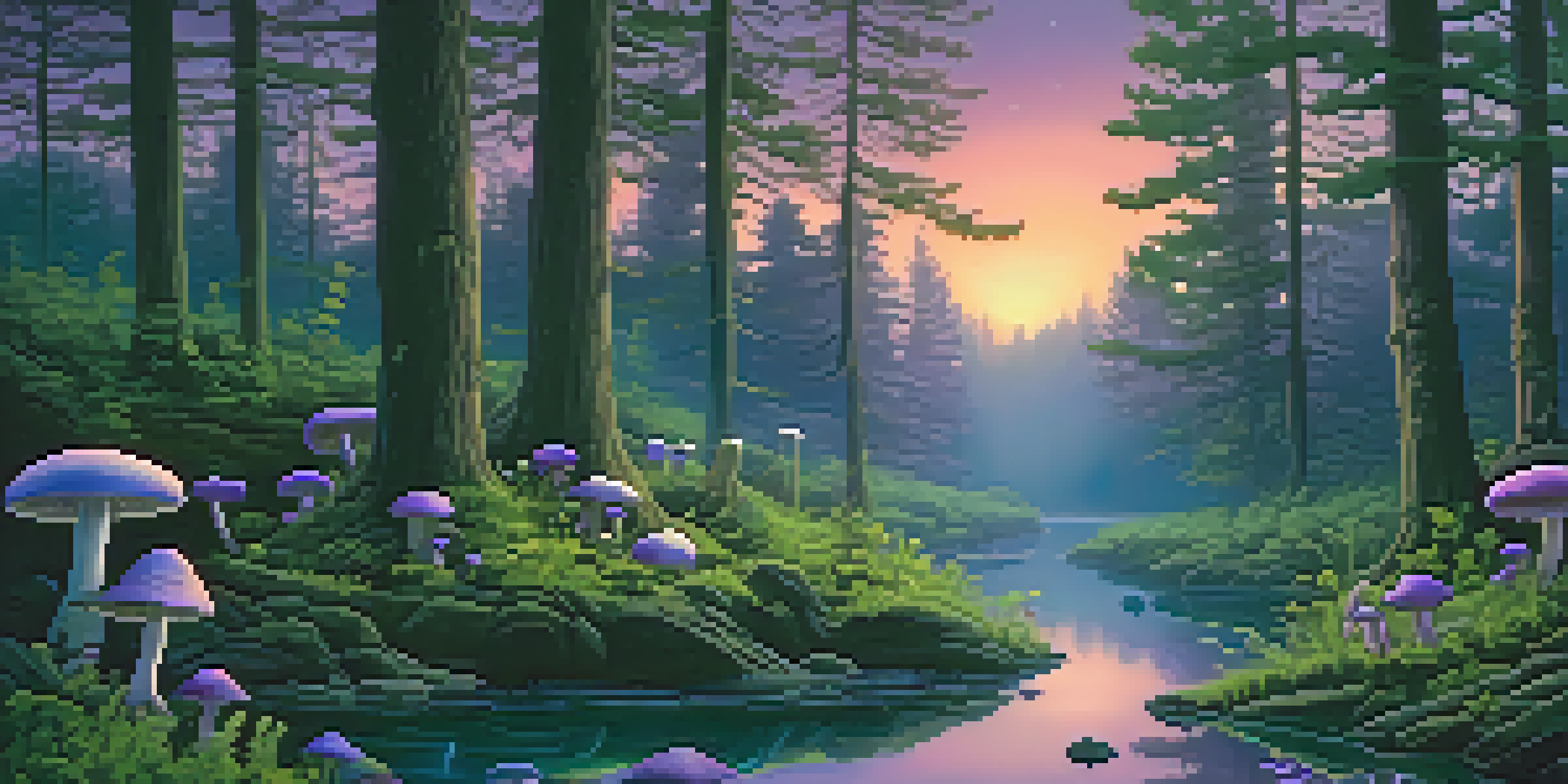 A tranquil forest with glowing mushrooms and a stream, under a starry twilight sky.