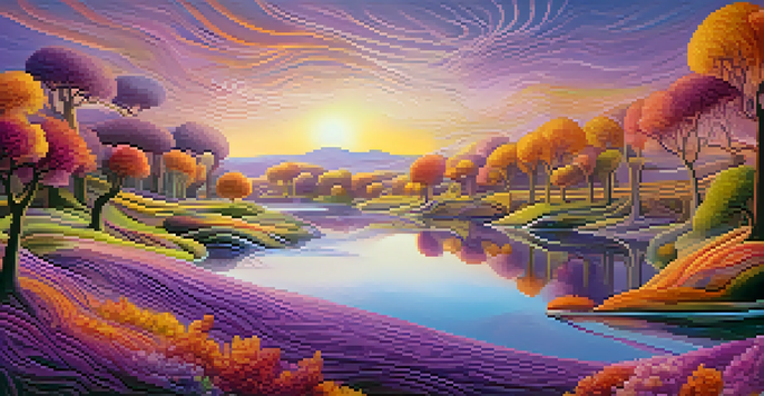 A colorful surreal landscape with abstract shapes, a luminous river, and whimsical trees under a purple and gold sky.