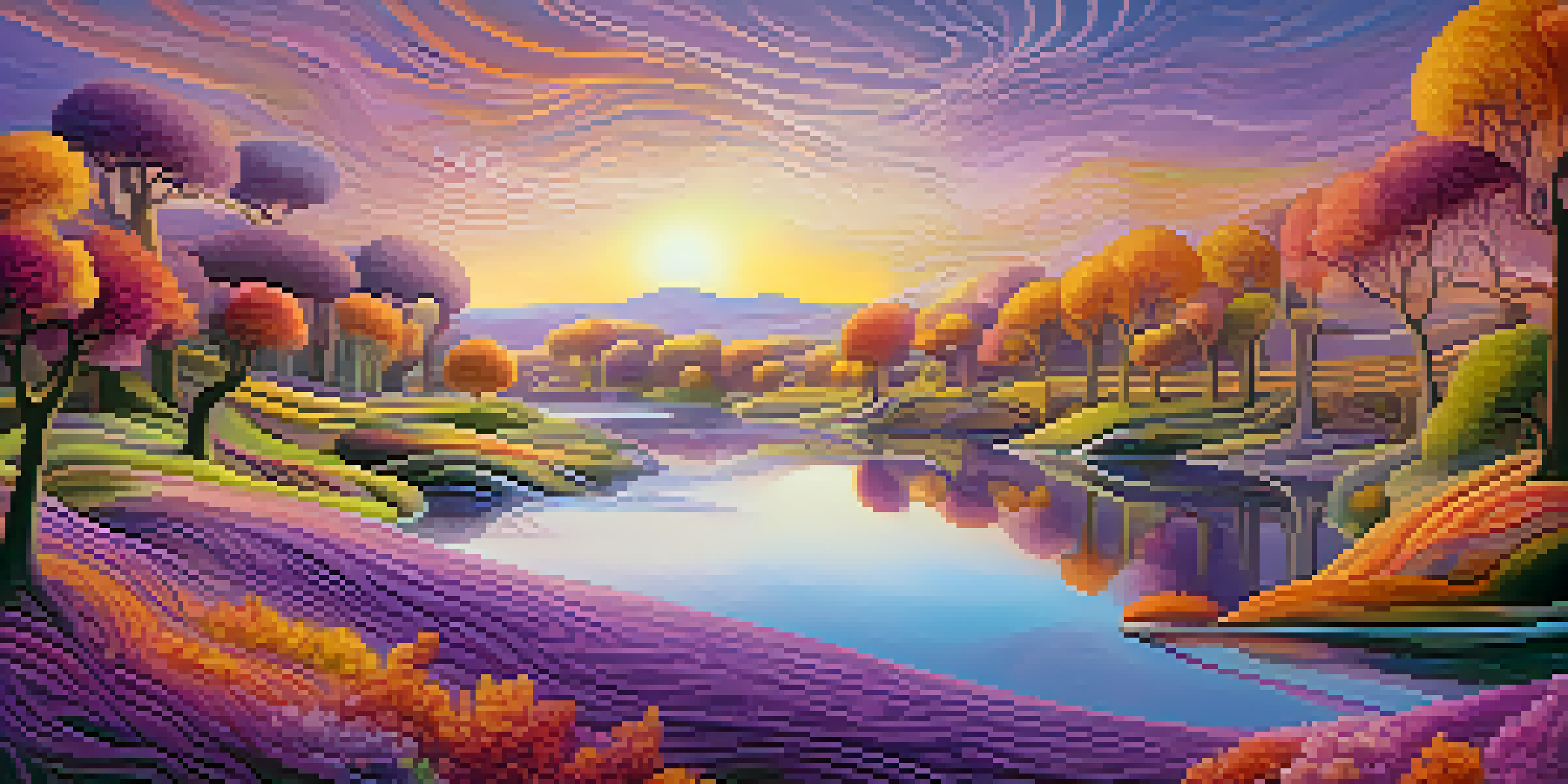 A colorful surreal landscape with abstract shapes, a luminous river, and whimsical trees under a purple and gold sky.