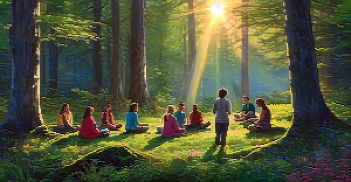 A diverse group of individuals meditating in a sunlit forest during dawn, surrounded by greenery and flowers.