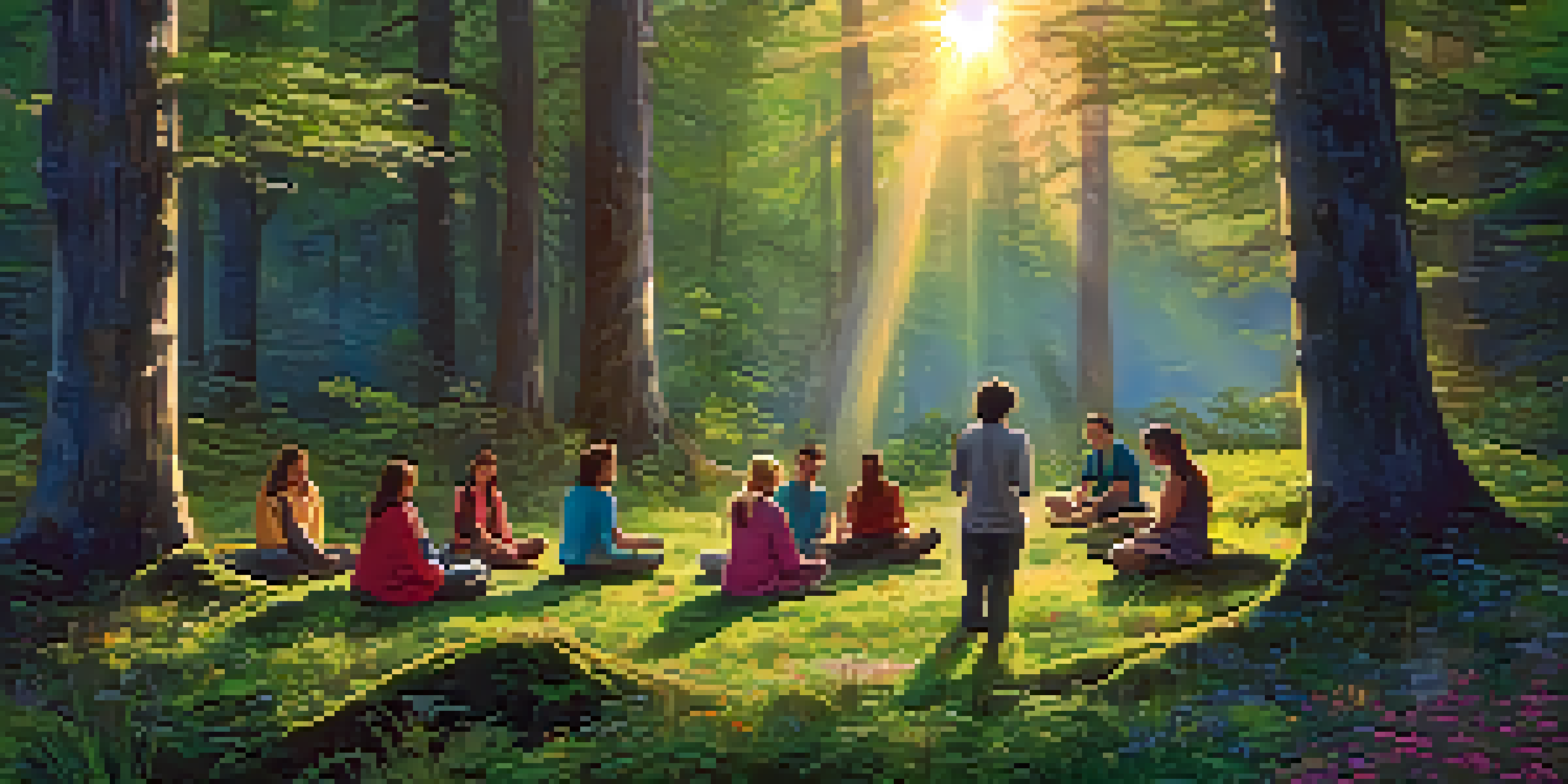A diverse group of individuals meditating in a sunlit forest during dawn, surrounded by greenery and flowers.