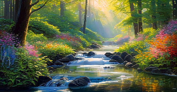 A colorful forest landscape with sunlight filtering through leaves, flowers in bloom, and a gentle stream.