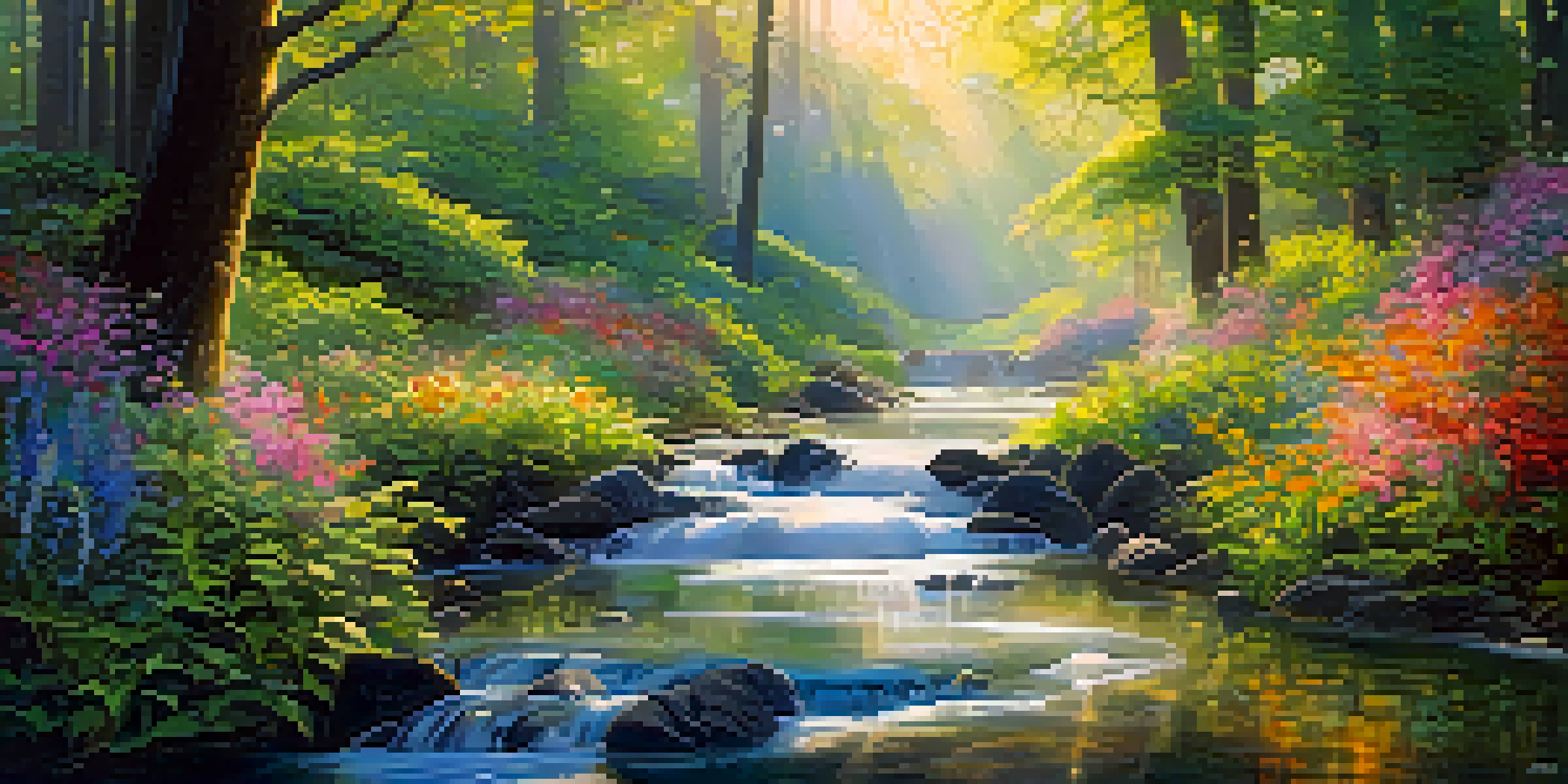 A colorful forest landscape with sunlight filtering through leaves, flowers in bloom, and a gentle stream.