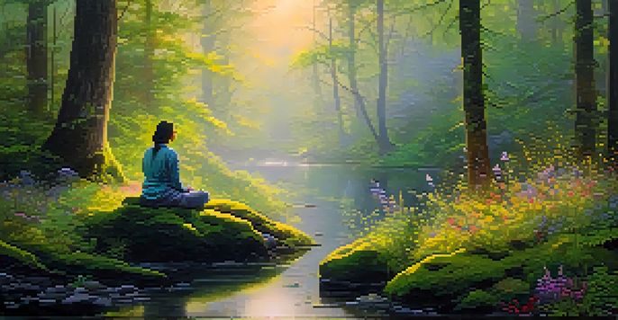 A calm individual meditating on a moss-covered rock in a lush forest, with golden dawn light and colorful wildflowers surrounding them.