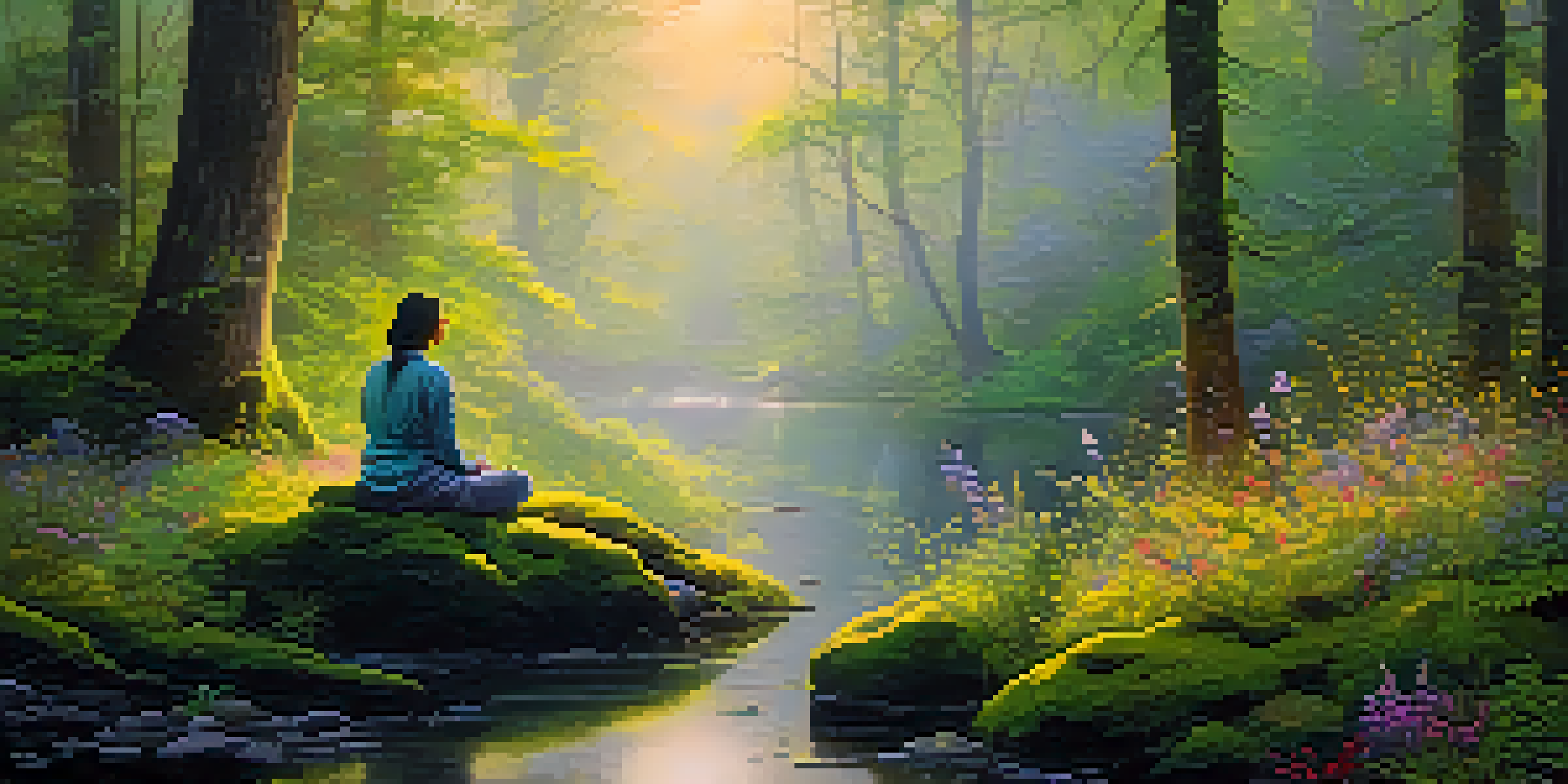 A calm individual meditating on a moss-covered rock in a lush forest, with golden dawn light and colorful wildflowers surrounding them.