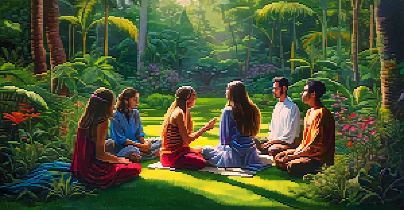 A group of participants sharing experiences in a circle after an Ayahuasca ceremony in a lush garden, expressing connection and healing.