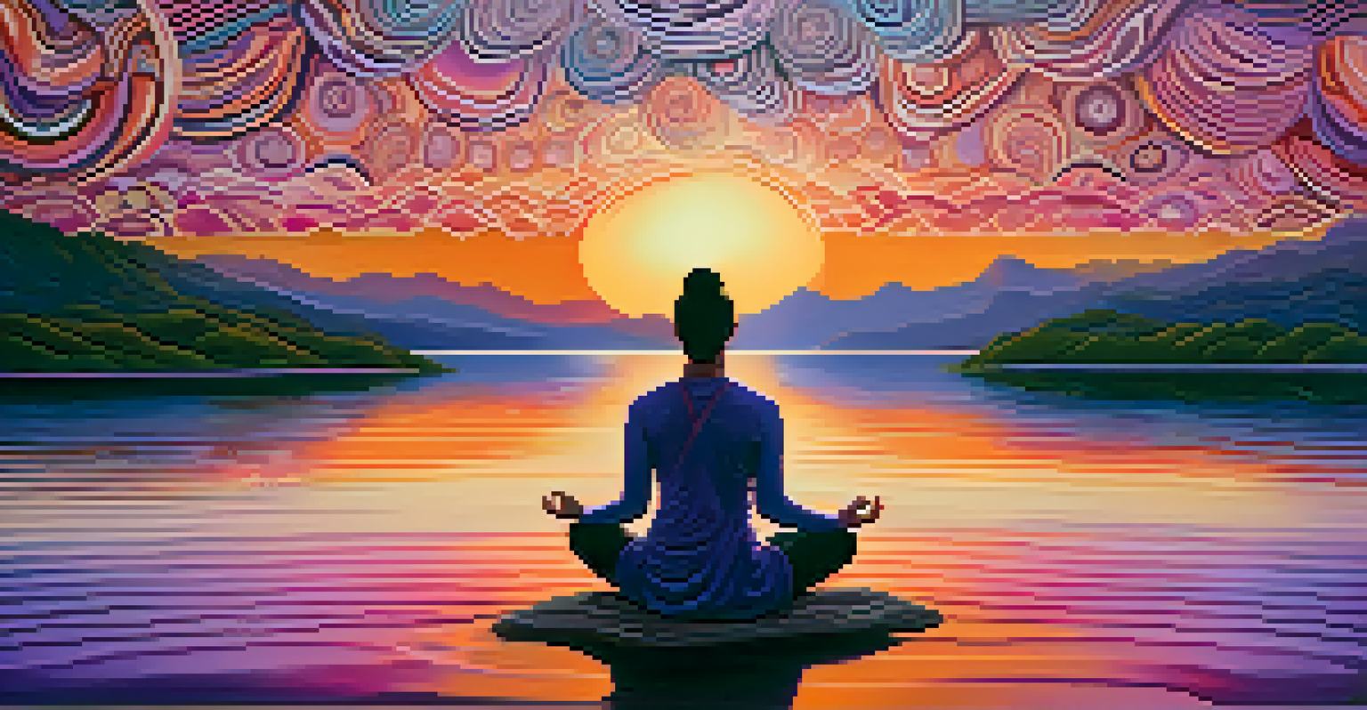 A person meditating by a lake at sunset, surrounded by colorful patterns representing emotions.