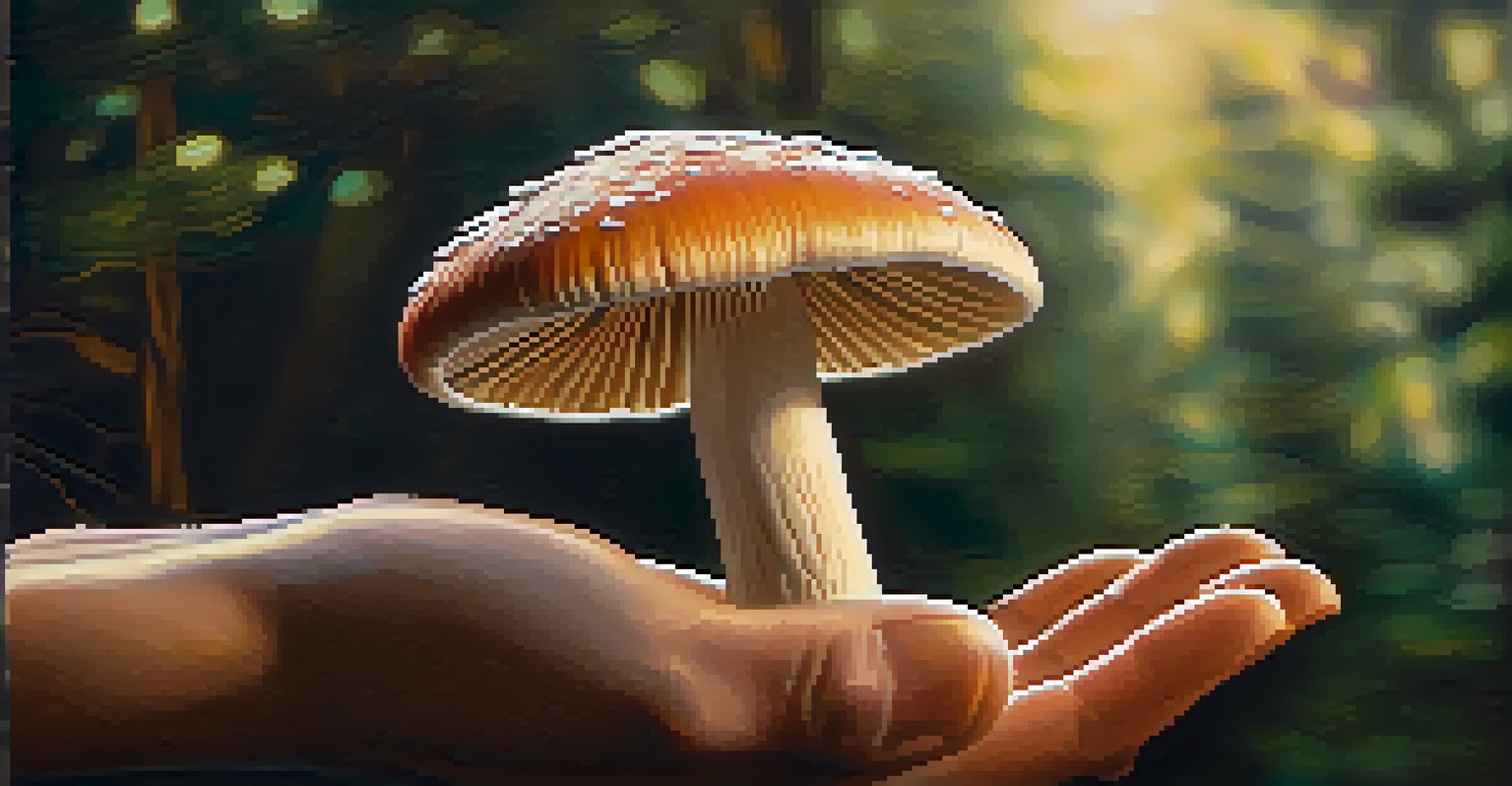Close-up of hands holding a psilocybin mushroom against a soft-focused natural background, emphasizing connection to nature.