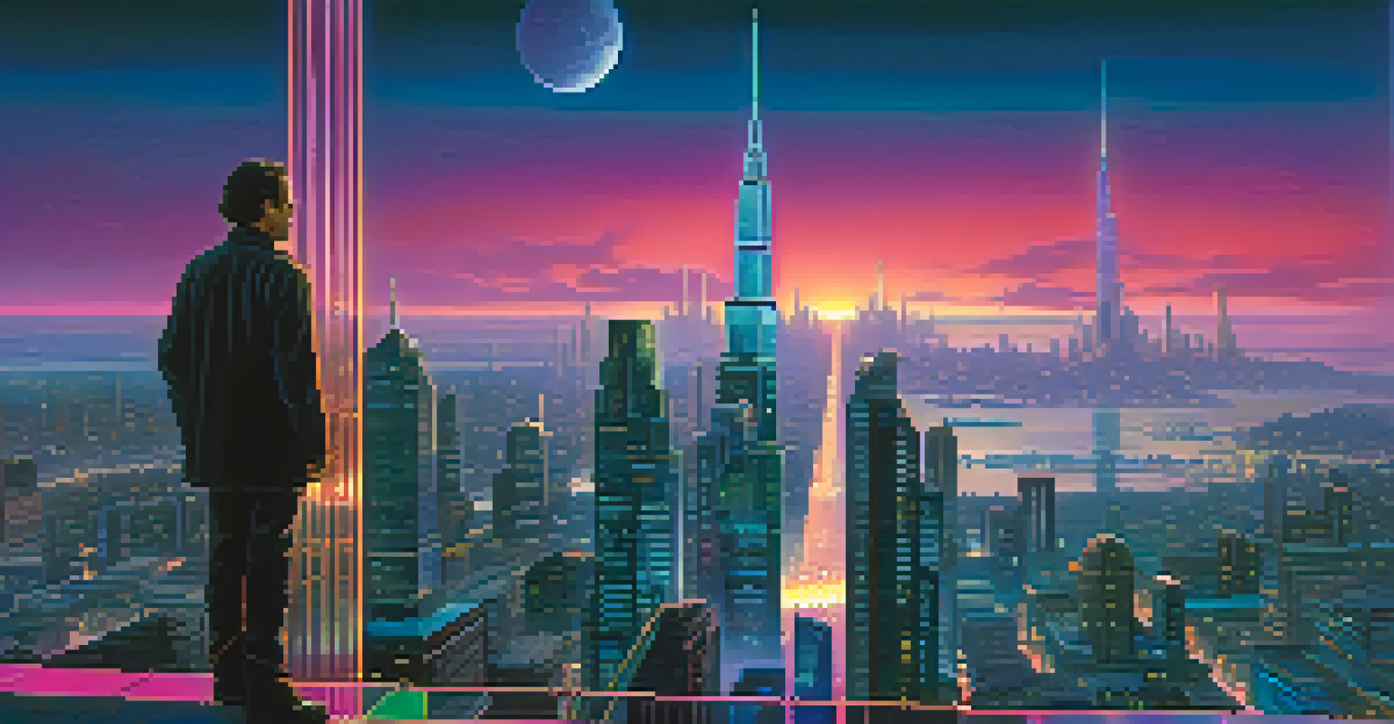 A figure overlooking a futuristic city with crystalline skyscrapers and neon lights at dusk.