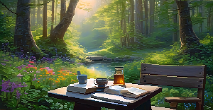 A tranquil forest scene with sunlight streaming through trees, a path leading to a wooden table with tea and an open book.
