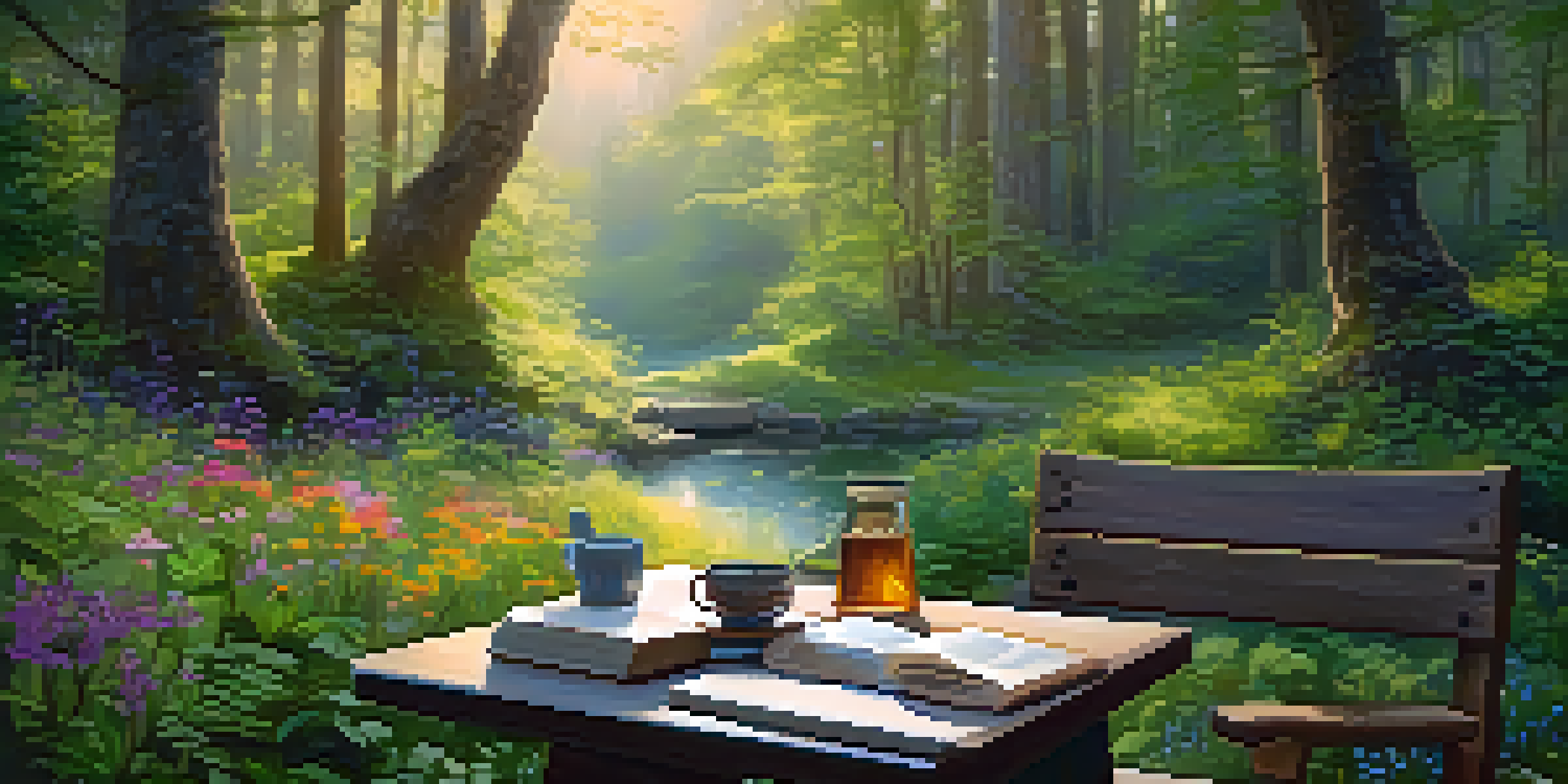 A tranquil forest scene with sunlight streaming through trees, a path leading to a wooden table with tea and an open book.