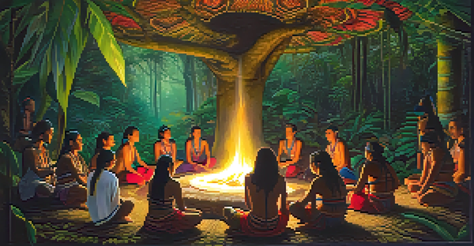 A serene scene of an Amazon rainforest ayahuasca ceremony with a shaman and participants surrounded by lush greenery.