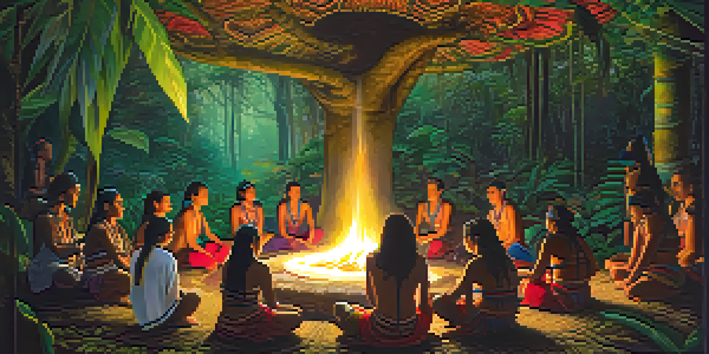 A serene scene of an Amazon rainforest ayahuasca ceremony with a shaman and participants surrounded by lush greenery.