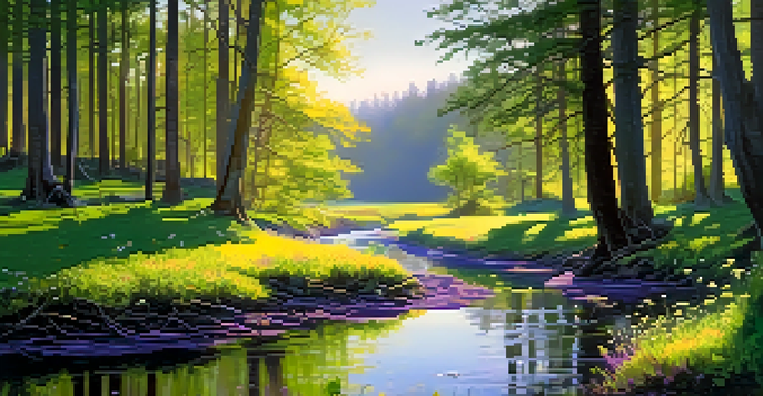 A tranquil forest at dawn with sunlight filtering through trees and a stream flowing through vibrant greenery.