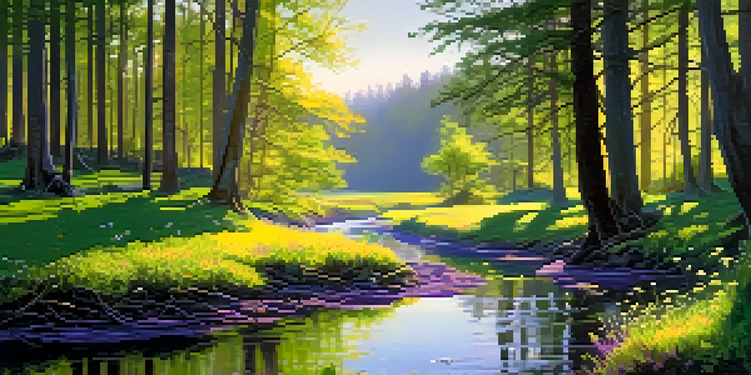 A tranquil forest at dawn with sunlight filtering through trees and a stream flowing through vibrant greenery.