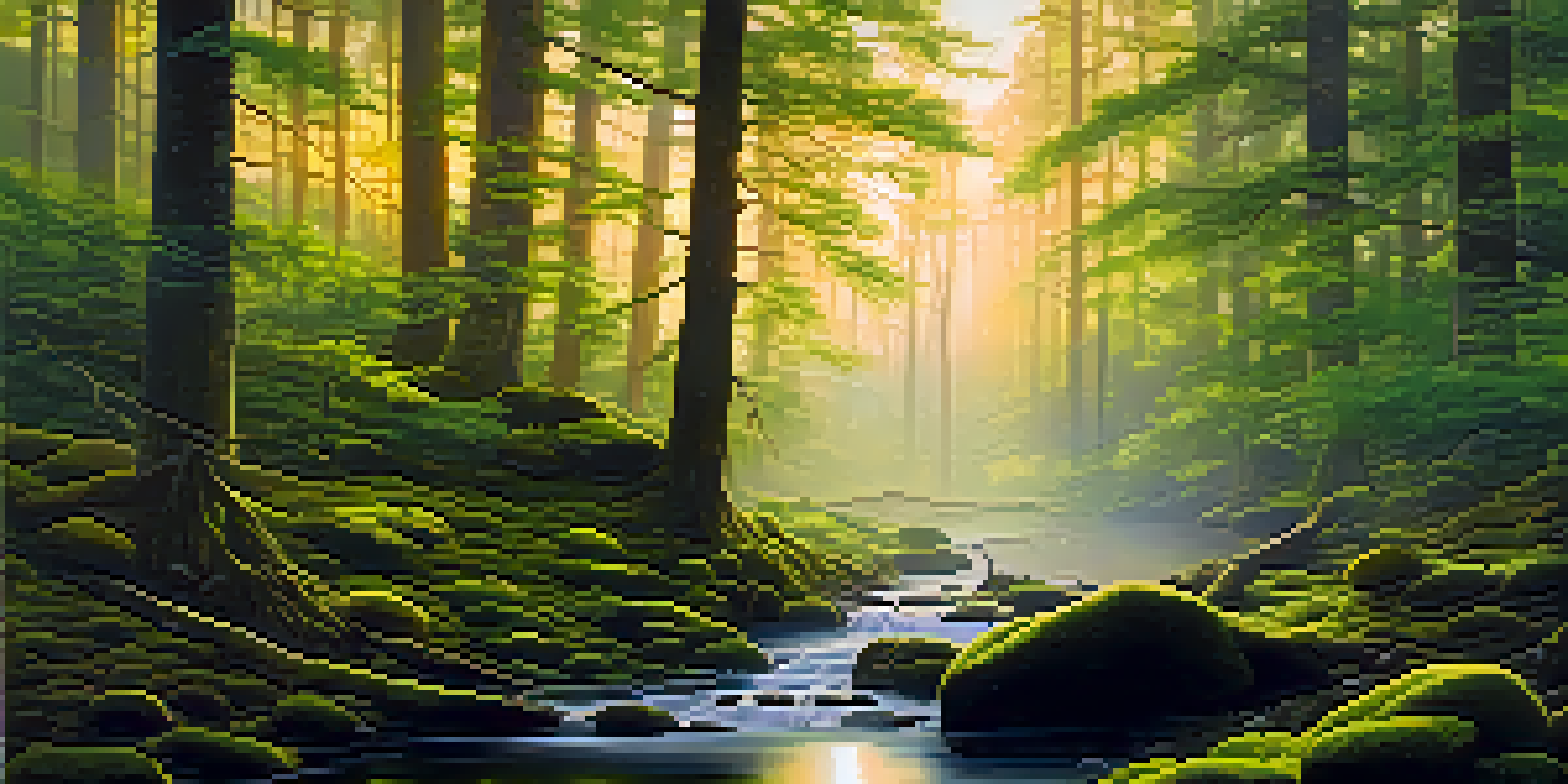 A tranquil forest at dawn with mist, sunlight filtering through trees, and a stream in the foreground.
