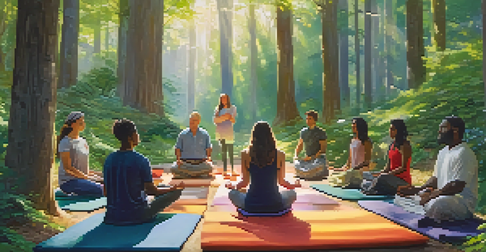A peaceful forest scene with a diverse group of people meditating together, surrounded by trees and flowers under morning light.