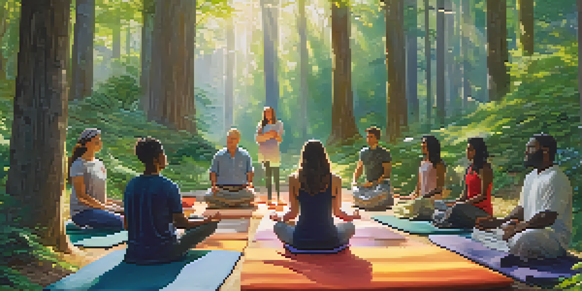 A peaceful forest scene with a diverse group of people meditating together, surrounded by trees and flowers under morning light.