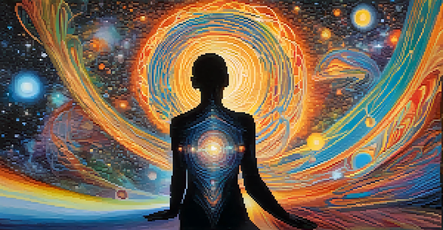 An abstract image of a human silhouette filled with a cosmic landscape, surrounded by swirling light patterns symbolizing spiritual awakening.